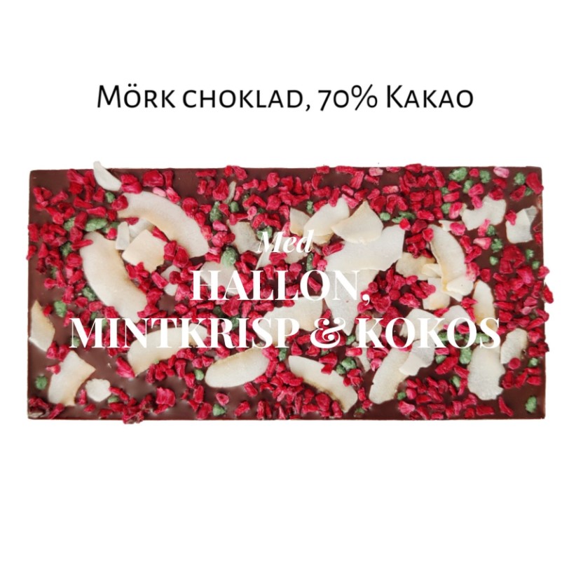 Choklad 70% Hallon, Mintkrisp & Kokos 100g